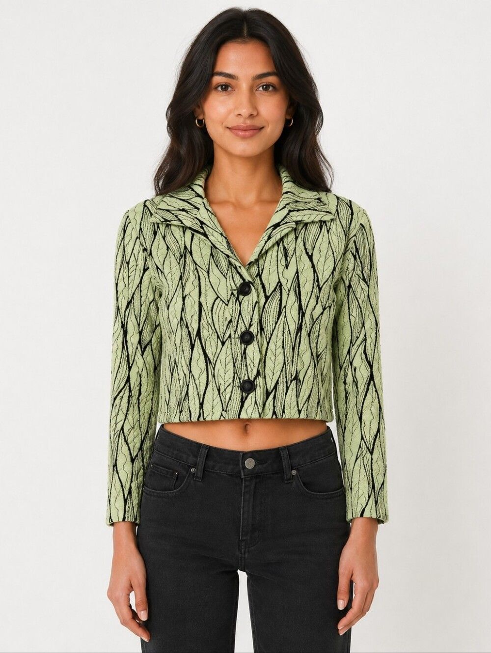 Artistic Abstract Leaf Cropped Jacket Green Black Sz XS Andria Lieu Art-To-Wear